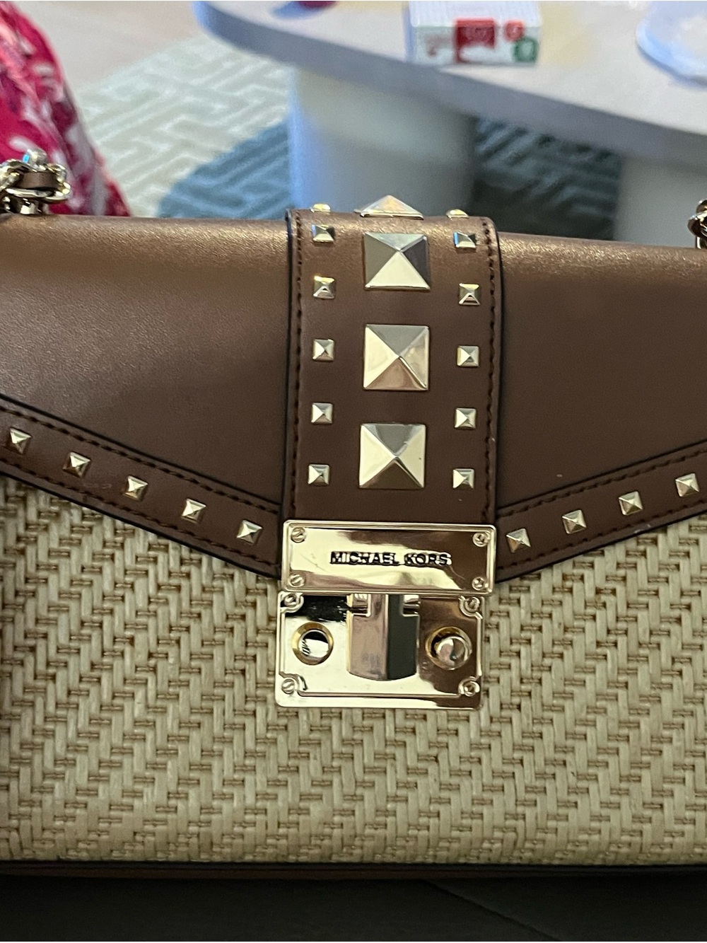 Michael Kors Brown and Cream Studded Lock Crossbody
